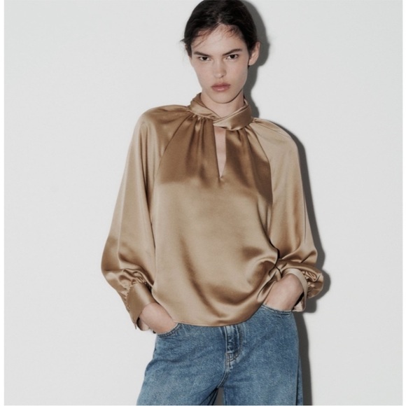 Zara Tops - NWT Zara beige high neck long sleeve satin silky blouse small s
